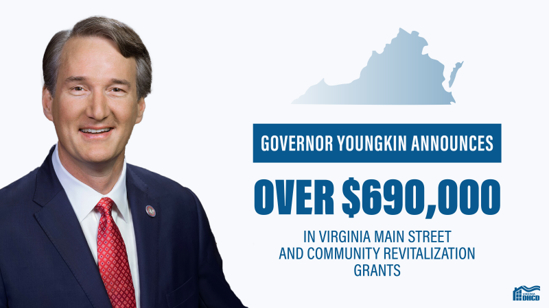 Imagen del gobernador Glenn Youngkin junto a un texto azul que dice "El gobernador Youngkin anuncia más de $690,000 en subvenciones para el desarrollo de pequeñas empresas y la revitalización comunitaria"
