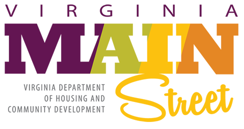 Logotipo de Virginia Main Street, que dice: Virginia Main Street Virginia Department of Housing and Community Development en fuente morada, verde, amarilla y naranja