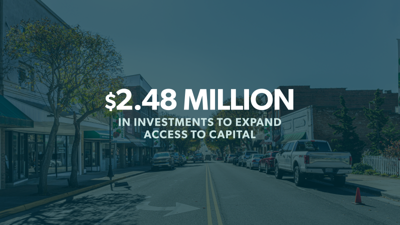 Una imagen de una cuadra urbana con texto blanco superpuesto que dice: “$2.48”. Millones en inversiones para ampliar el acceso al capital"