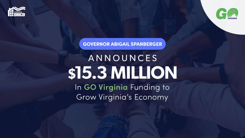 Texto blanco sobre un fondo azul oscuro con personas poniendo las manos en el centro de un círculo. El texto dice: "La gobernadora Abigail Spanberger anuncia $15.3 millones en fondos de GO Virginia para impulsar la economía de Virginia."