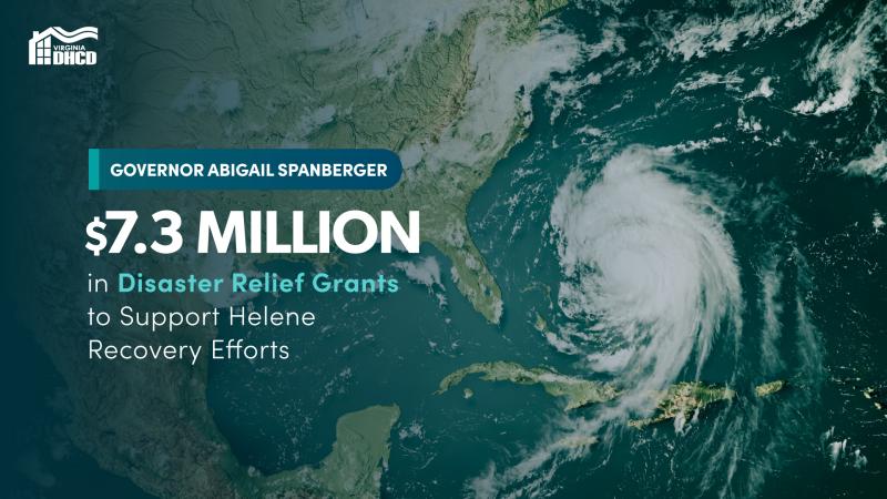 El texto dice: "La gobernadora Abigail Spanberger $7.3 “Millones en subvenciones para ayuda por desastre a fin de apoyar los esfuerzos de recuperación tras Helene” sobre una imagen de un mapa meteorológico que muestra al huracán Helene a punto de tocar tierra.